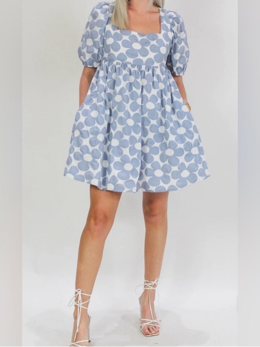 Altar'd State Blue Daisy Babydoll Mini Dress Cotton Puff Sleeve Pockets S
